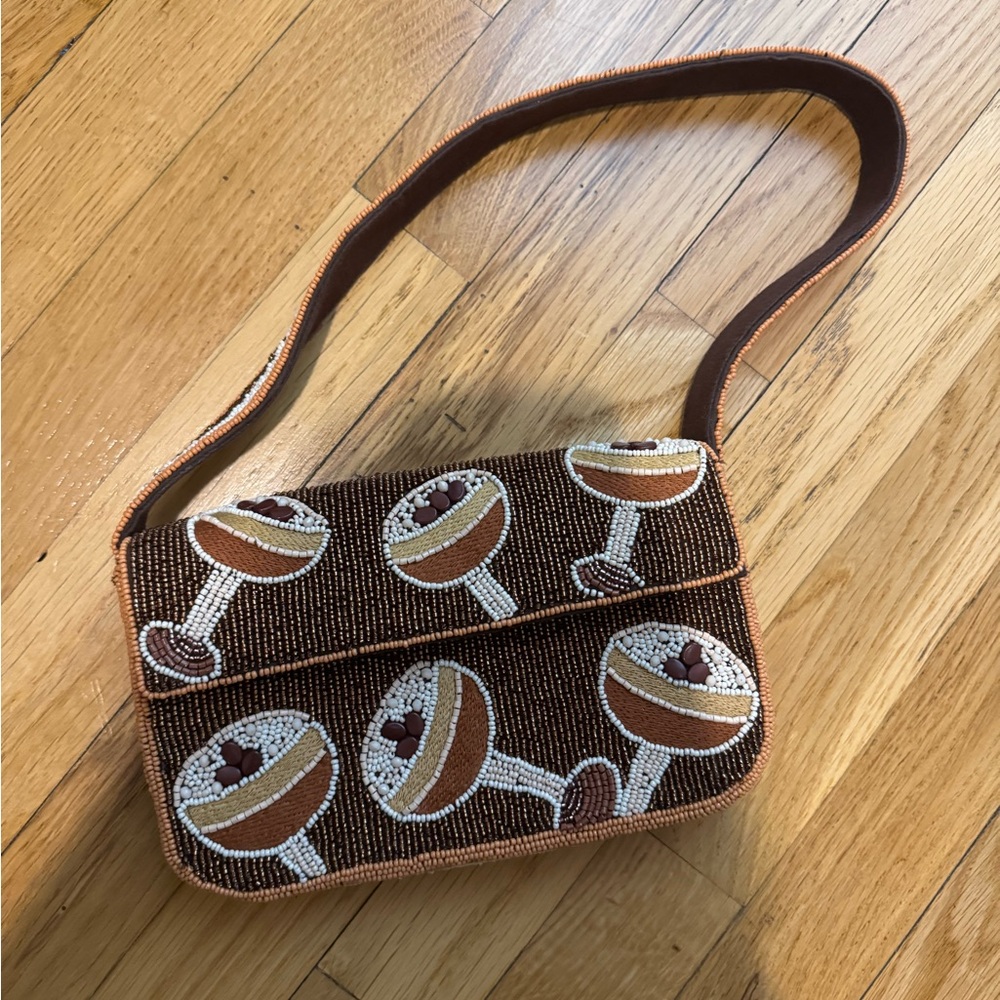 Anthropologie Brown and White Beaded Shoulder Bag